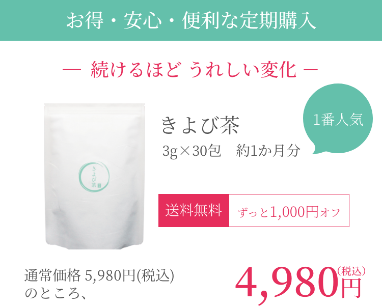 きよび茶の定期購入。3g×30包入り。3,980円（税込）送料無料。続けるほど、うれしい変化
