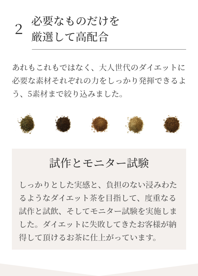 あれもこれもではなく、大人世代のダイエットに必要な素材それぞれの力をしっかり発揮できるよう、5素材まで絞り込みました。